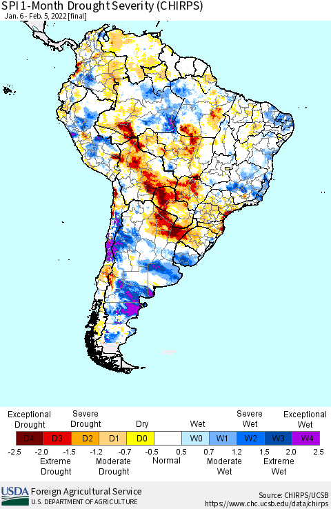 South America SPI 1-Month Drought Severity (CHIRPS) Thematic Map For 1/6/2022 - 2/5/2022