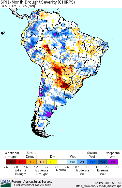 South America SPI 1-Month Drought Severity (CHIRPS) Thematic Map For 1/11/2022 - 2/10/2022