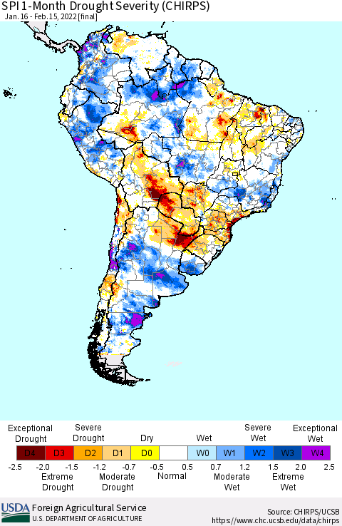 South America SPI 1-Month Drought Severity (CHIRPS) Thematic Map For 1/16/2022 - 2/15/2022