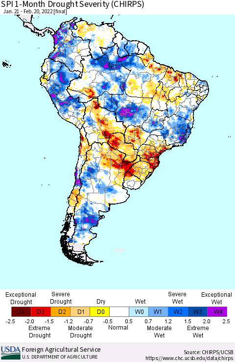South America SPI 1-Month Drought Severity (CHIRPS) Thematic Map For 1/21/2022 - 2/20/2022