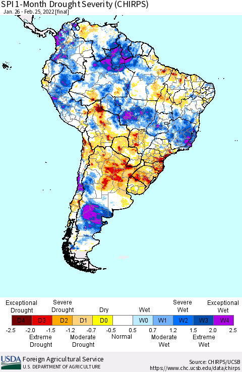 South America SPI 1-Month Drought Severity (CHIRPS) Thematic Map For 1/26/2022 - 2/25/2022