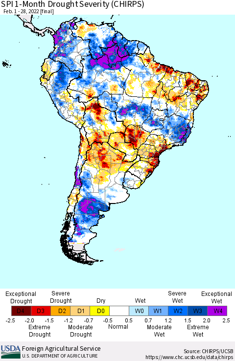 South America SPI 1-Month Drought Severity (CHIRPS) Thematic Map For 2/1/2022 - 2/28/2022
