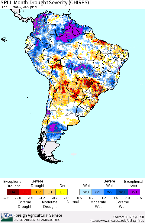 South America SPI 1-Month Drought Severity (CHIRPS) Thematic Map For 2/6/2022 - 3/5/2022