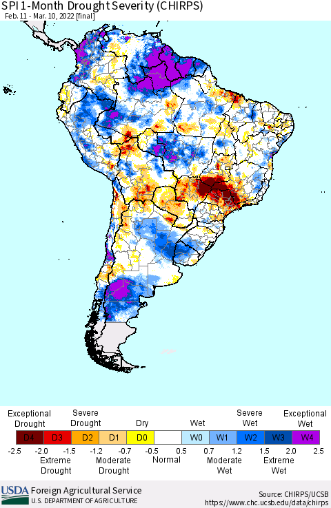 South America SPI 1-Month Drought Severity (CHIRPS) Thematic Map For 2/11/2022 - 3/10/2022
