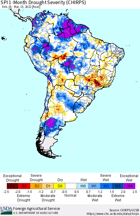 South America SPI 1-Month Drought Severity (CHIRPS) Thematic Map For 2/16/2022 - 3/15/2022