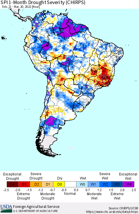 South America SPI 1-Month Drought Severity (CHIRPS) Thematic Map For 2/21/2022 - 3/20/2022