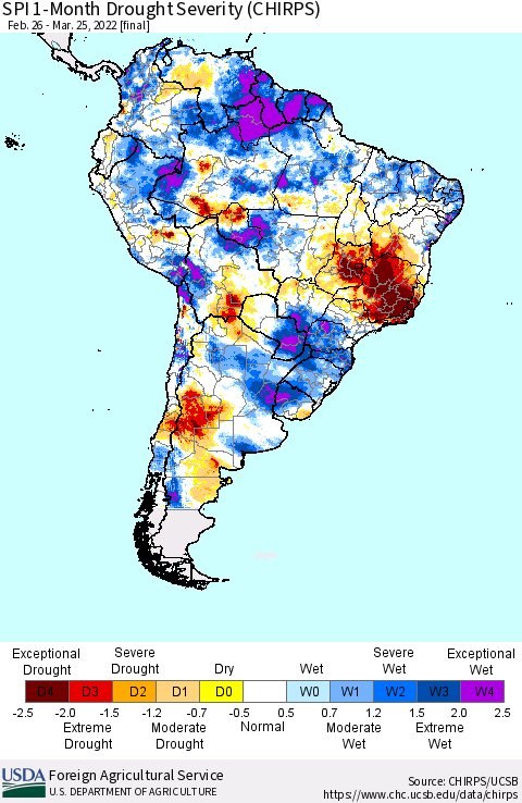 South America SPI 1-Month Drought Severity (CHIRPS) Thematic Map For 2/26/2022 - 3/25/2022
