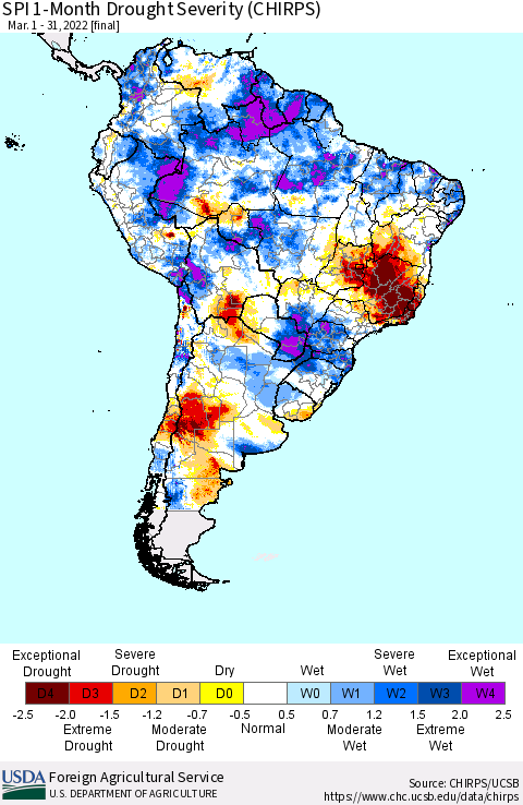 South America SPI 1-Month Drought Severity (CHIRPS) Thematic Map For 3/1/2022 - 3/31/2022