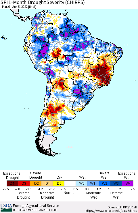 South America SPI 1-Month Drought Severity (CHIRPS) Thematic Map For 3/6/2022 - 4/5/2022