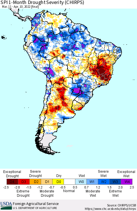 South America SPI 1-Month Drought Severity (CHIRPS) Thematic Map For 3/11/2022 - 4/10/2022