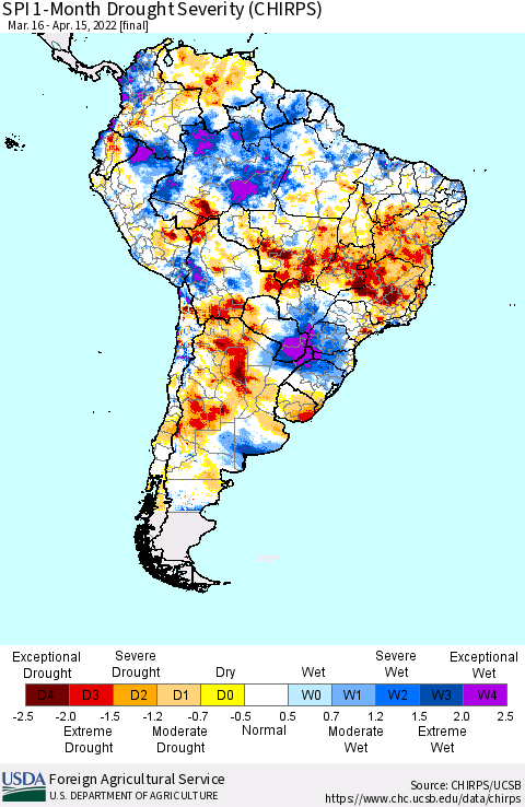 South America SPI 1-Month Drought Severity (CHIRPS) Thematic Map For 3/16/2022 - 4/15/2022