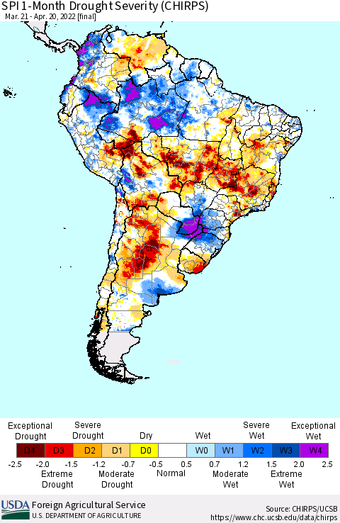 South America SPI 1-Month Drought Severity (CHIRPS) Thematic Map For 3/21/2022 - 4/20/2022