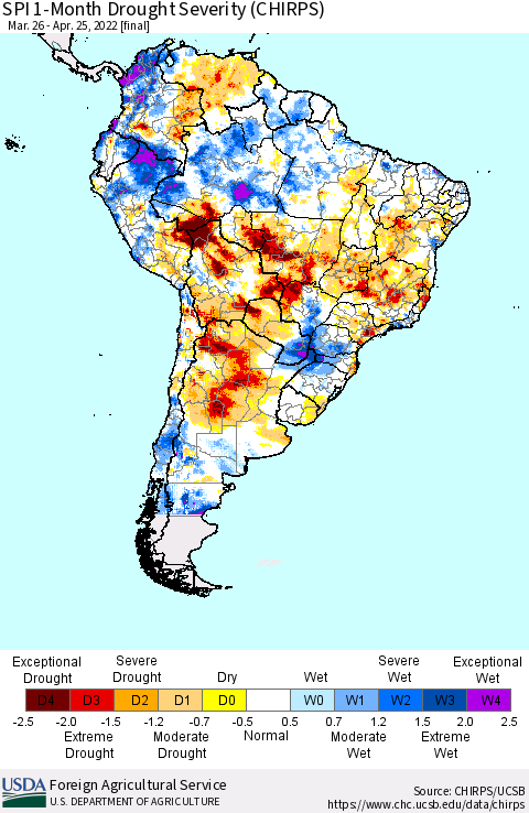 South America SPI 1-Month Drought Severity (CHIRPS) Thematic Map For 3/26/2022 - 4/25/2022