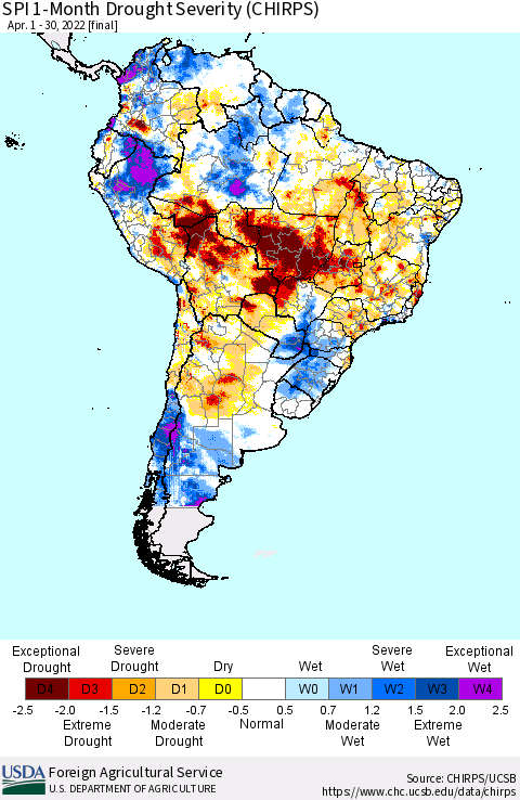 South America SPI 1-Month Drought Severity (CHIRPS) Thematic Map For 4/1/2022 - 4/30/2022