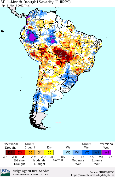 South America SPI 1-Month Drought Severity (CHIRPS) Thematic Map For 4/6/2022 - 5/5/2022