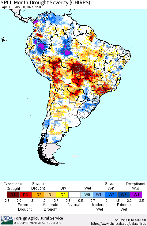 South America SPI 1-Month Drought Severity (CHIRPS) Thematic Map For 4/11/2022 - 5/10/2022