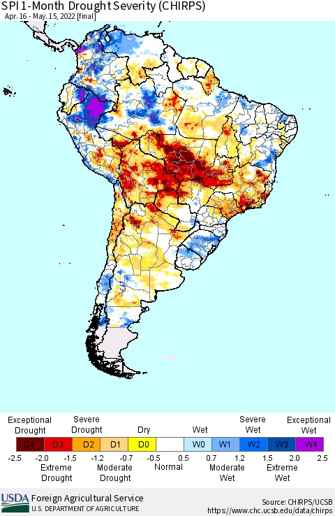 South America SPI 1-Month Drought Severity (CHIRPS) Thematic Map For 4/16/2022 - 5/15/2022