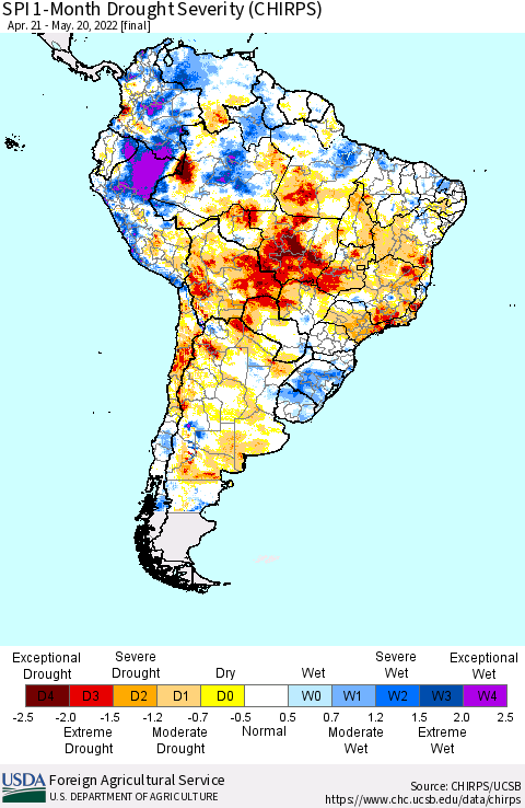 South America SPI 1-Month Drought Severity (CHIRPS) Thematic Map For 4/21/2022 - 5/20/2022