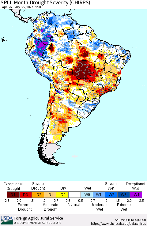 South America SPI 1-Month Drought Severity (CHIRPS) Thematic Map For 4/26/2022 - 5/25/2022