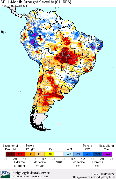 South America SPI 1-Month Drought Severity (CHIRPS) Thematic Map For 5/1/2022 - 5/31/2022