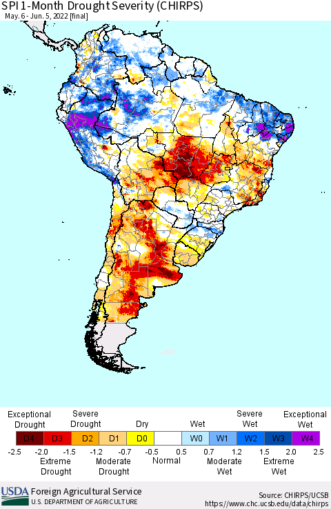 South America SPI 1-Month Drought Severity (CHIRPS) Thematic Map For 5/6/2022 - 6/5/2022