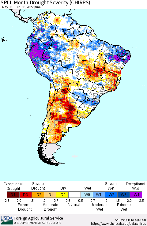 South America SPI 1-Month Drought Severity (CHIRPS) Thematic Map For 5/11/2022 - 6/10/2022