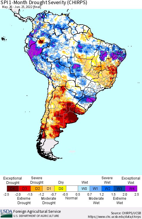 South America SPI 1-Month Drought Severity (CHIRPS) Thematic Map For 5/26/2022 - 6/25/2022