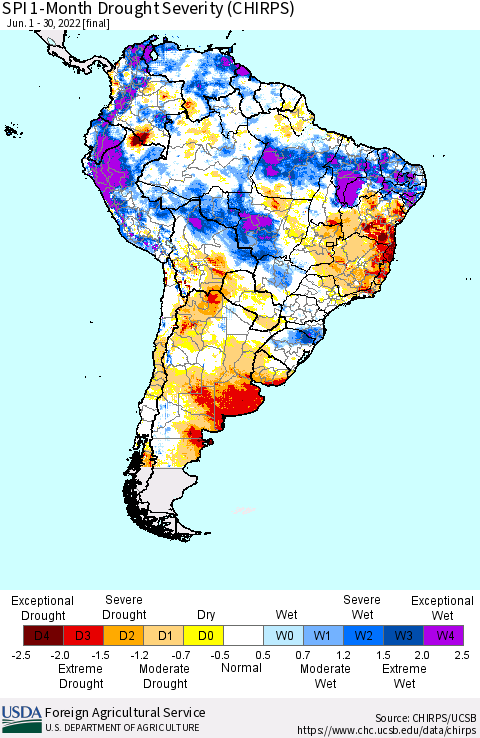 South America SPI 1-Month Drought Severity (CHIRPS) Thematic Map For 6/1/2022 - 6/30/2022