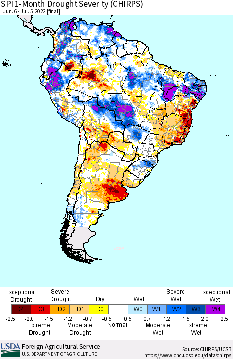 South America SPI 1-Month Drought Severity (CHIRPS) Thematic Map For 6/6/2022 - 7/5/2022