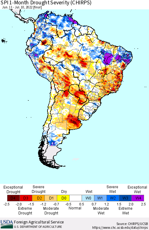 South America SPI 1-Month Drought Severity (CHIRPS) Thematic Map For 6/11/2022 - 7/10/2022