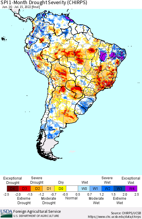 South America SPI 1-Month Drought Severity (CHIRPS) Thematic Map For 6/16/2022 - 7/15/2022