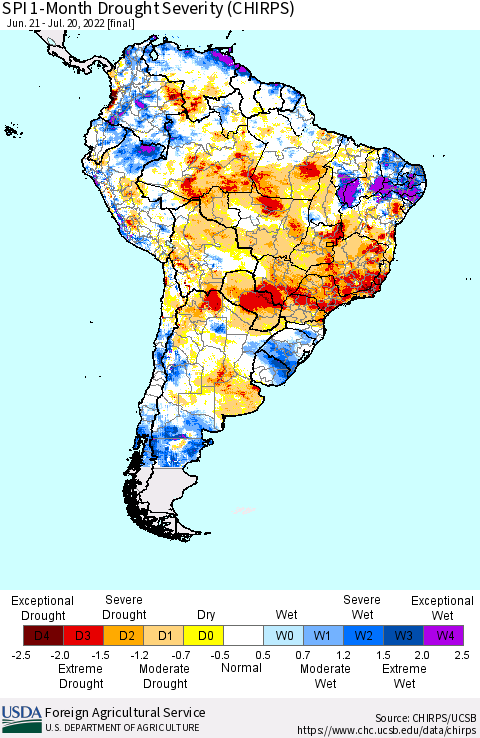 South America SPI 1-Month Drought Severity (CHIRPS) Thematic Map For 6/21/2022 - 7/20/2022