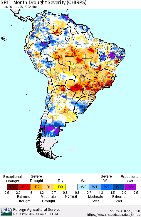 South America SPI 1-Month Drought Severity (CHIRPS) Thematic Map For 6/26/2022 - 7/25/2022