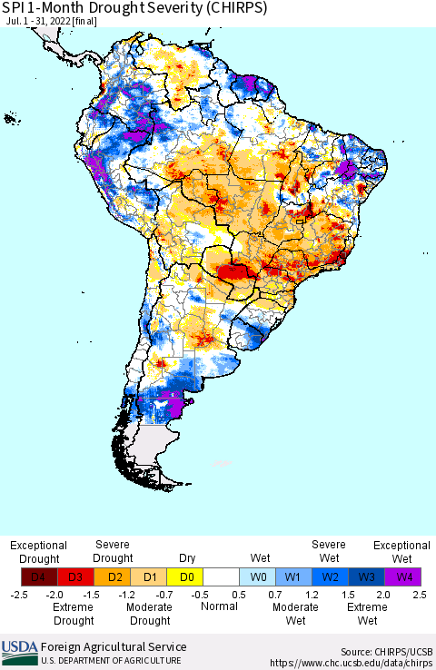 South America SPI 1-Month Drought Severity (CHIRPS) Thematic Map For 7/1/2022 - 7/31/2022
