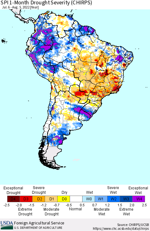 South America SPI 1-Month Drought Severity (CHIRPS) Thematic Map For 7/6/2022 - 8/5/2022
