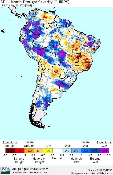 South America SPI 1-Month Drought Severity (CHIRPS) Thematic Map For 7/11/2022 - 8/10/2022