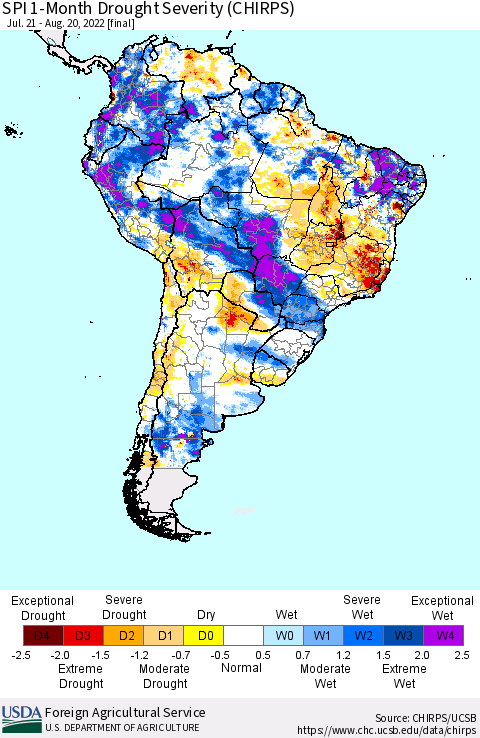 South America SPI 1-Month Drought Severity (CHIRPS) Thematic Map For 7/21/2022 - 8/20/2022