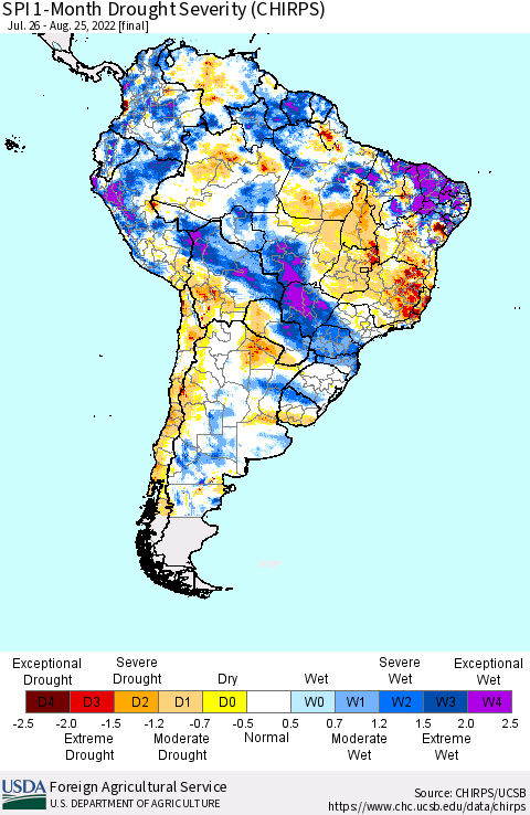 South America SPI 1-Month Drought Severity (CHIRPS) Thematic Map For 7/26/2022 - 8/25/2022