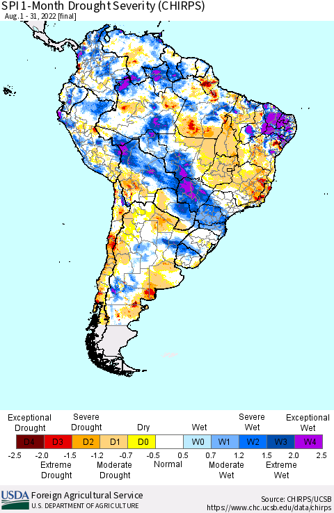 South America SPI 1-Month Drought Severity (CHIRPS) Thematic Map For 8/1/2022 - 8/31/2022