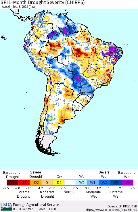 South America SPI 1-Month Drought Severity (CHIRPS) Thematic Map For 8/6/2022 - 9/5/2022