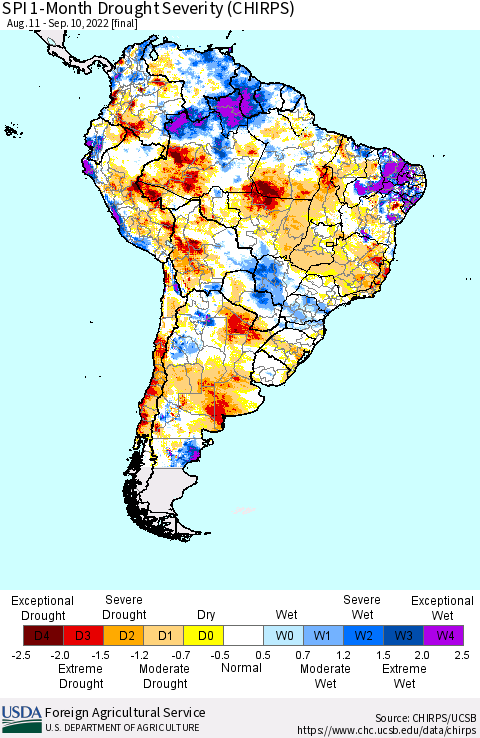 South America SPI 1-Month Drought Severity (CHIRPS) Thematic Map For 8/11/2022 - 9/10/2022