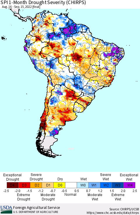 South America SPI 1-Month Drought Severity (CHIRPS) Thematic Map For 8/16/2022 - 9/15/2022