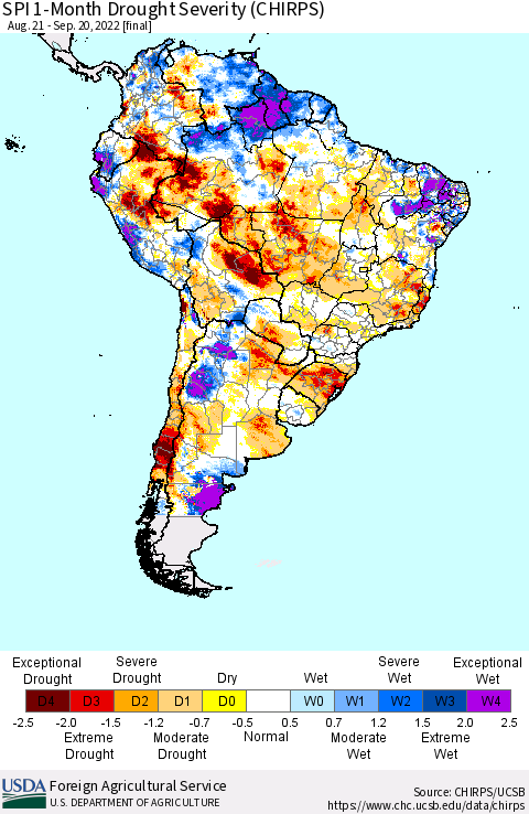 South America SPI 1-Month Drought Severity (CHIRPS) Thematic Map For 8/21/2022 - 9/20/2022