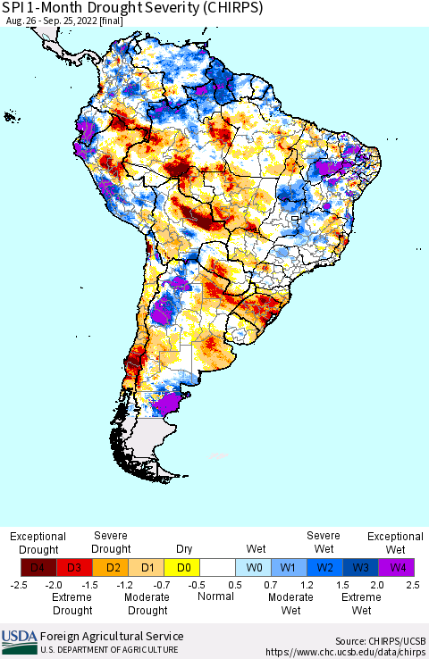 South America SPI 1-Month Drought Severity (CHIRPS) Thematic Map For 8/26/2022 - 9/25/2022