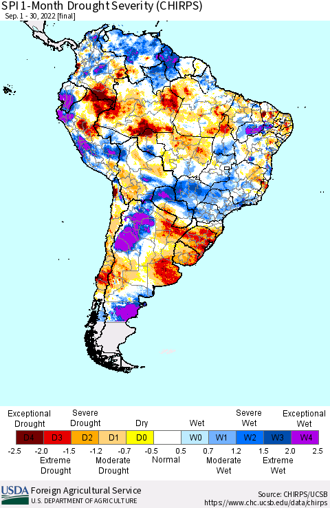 South America SPI 1-Month Drought Severity (CHIRPS) Thematic Map For 9/1/2022 - 9/30/2022