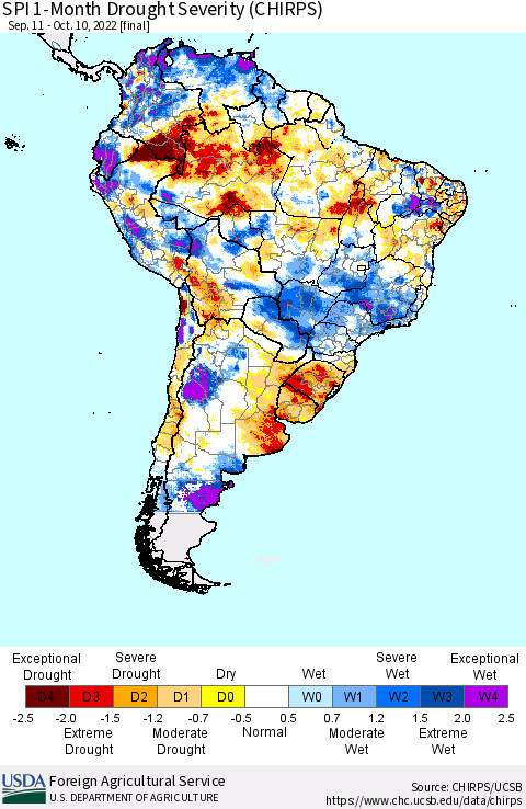 South America SPI 1-Month Drought Severity (CHIRPS) Thematic Map For 9/11/2022 - 10/10/2022