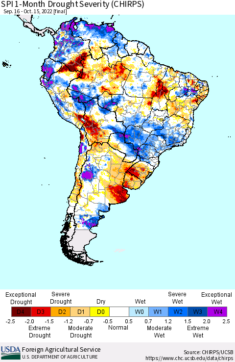 South America SPI 1-Month Drought Severity (CHIRPS) Thematic Map For 9/16/2022 - 10/15/2022