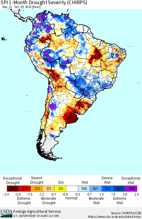 South America SPI 1-Month Drought Severity (CHIRPS) Thematic Map For 9/21/2022 - 10/20/2022