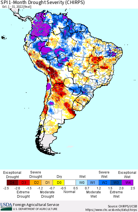South America SPI 1-Month Drought Severity (CHIRPS) Thematic Map For 10/1/2022 - 10/31/2022
