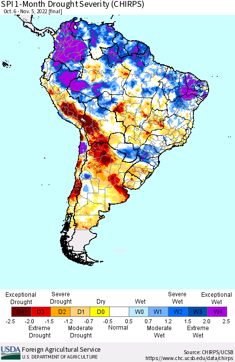 South America SPI 1-Month Drought Severity (CHIRPS) Thematic Map For 10/6/2022 - 11/5/2022